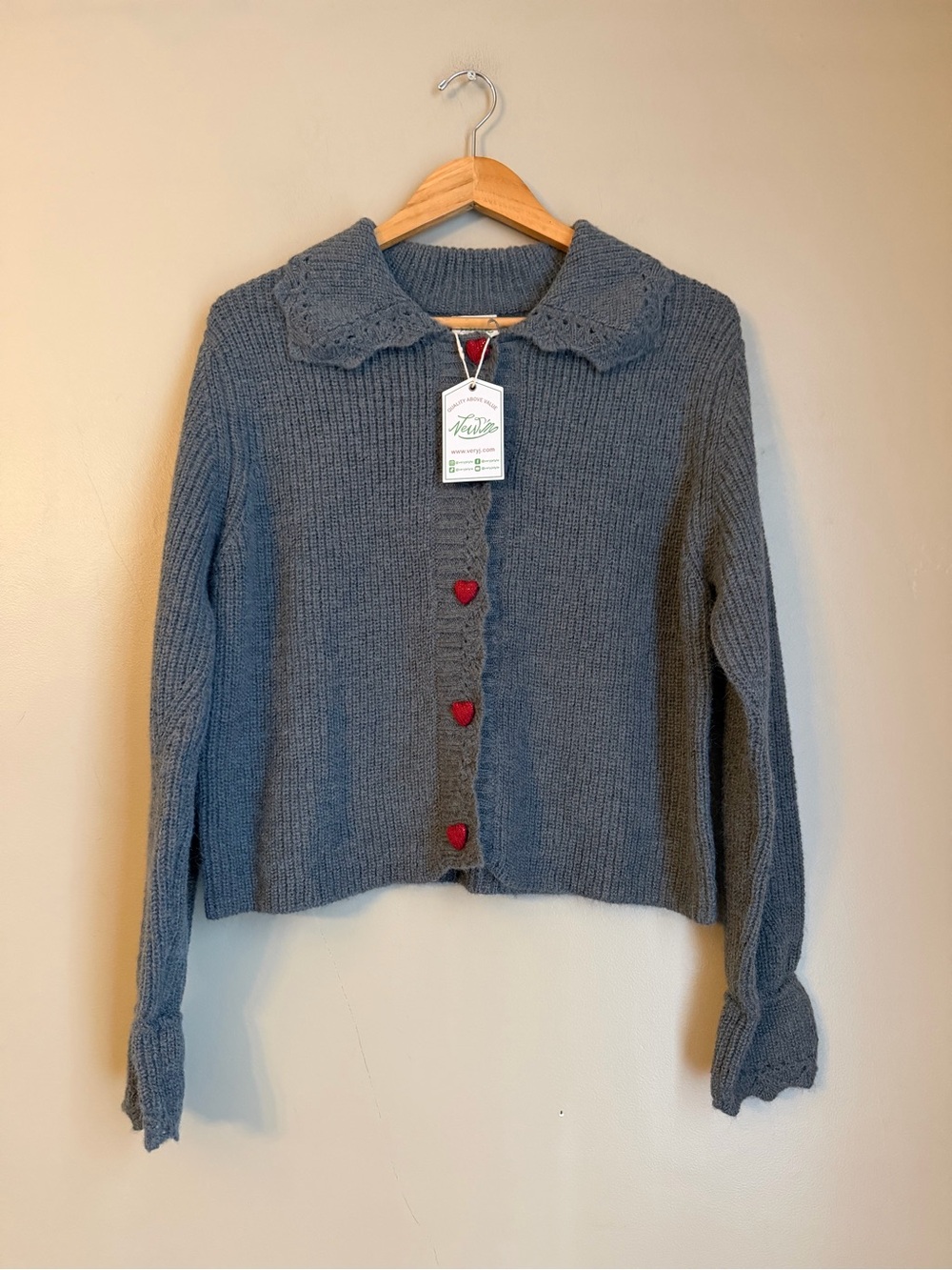 Very J Sweater Lace Trim Heart Buttons Cardigan NWT Size S Coquette Feminine